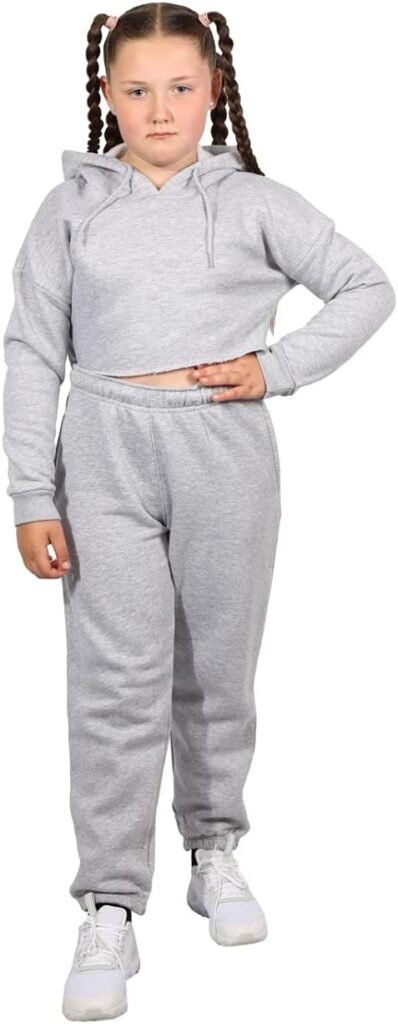 trending babz Girls Kids Plain Tracksuit Crop Hoody Set Long Sleeves Fleece Loungewear Hooded Top Bottom Jogging Suit Joggers New Age 7-13