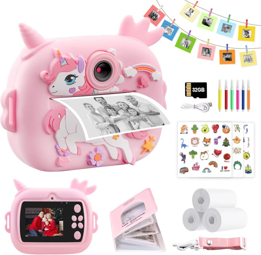 wokdsbl Kids Camera Instant Print- 2.4inch Dual Camera for Girls Boys-1080P Kids Digital Camera Toys with 32G Card,Print Photo Paper,3inch Card Booklet and Color Cardboard for 3-12 Years Boys Girls