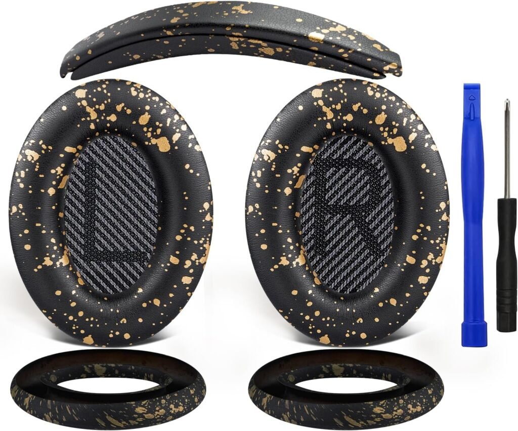 SOULWIT Ear Pads Cushions + Headband + Silicone Earpads Cover Protector, Replacement Kit for Bose QuietComfort 35 QC35, QC35 ii Over-Ear Headphones – Black Gold