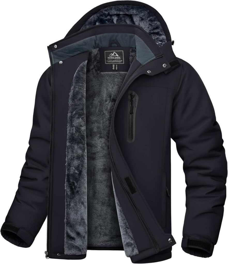 KEFITEVD Men’s Waterproof Skiing Jacket Fleece Winter Coat Sports Outdoor Windproof Warm Jacket with Hood