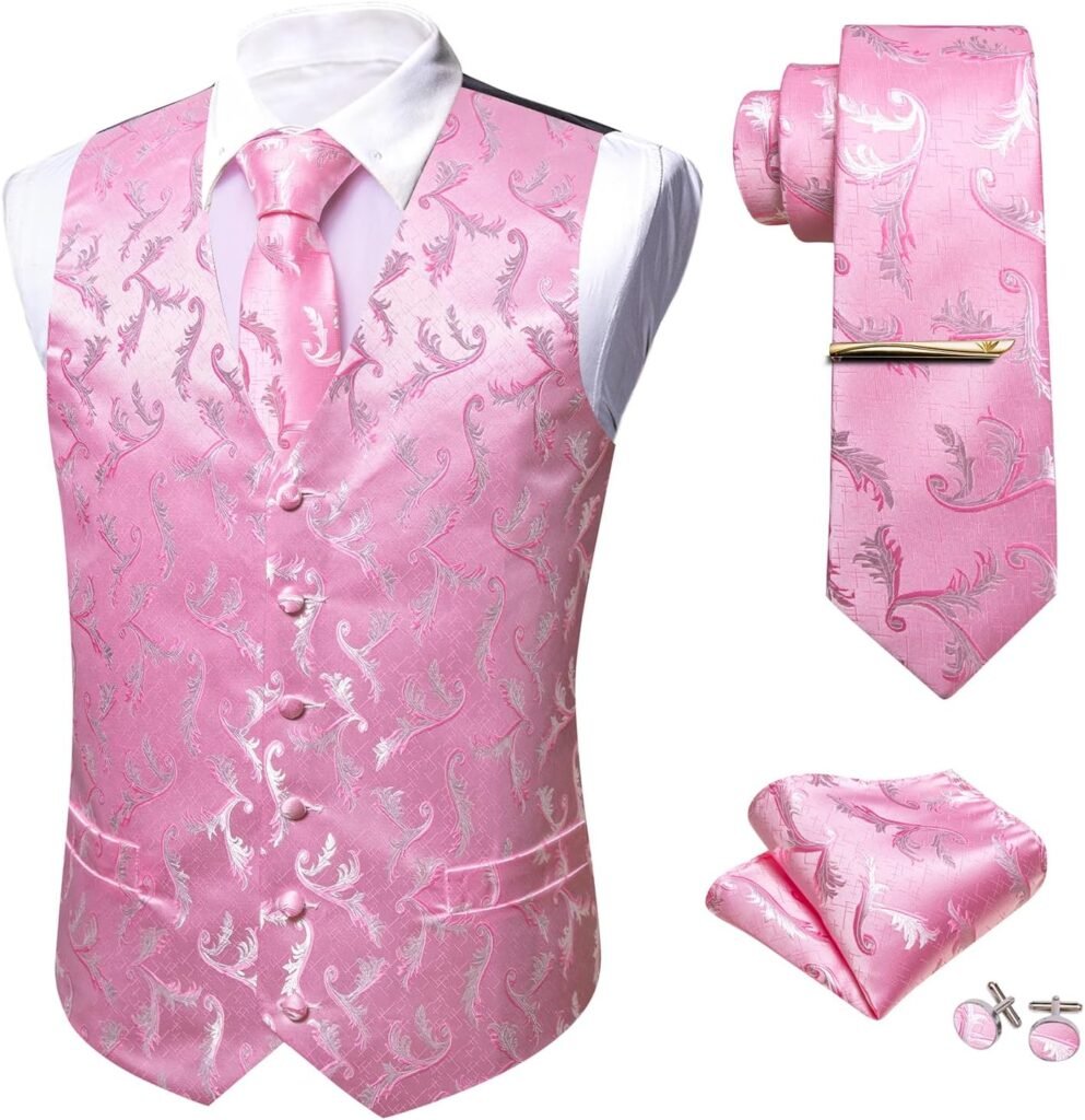 Barry.Wang Formal Mens Vest Set Paisley Tie Handkerchief Cufflink Clip Suit Waistcoat Designer 5PCS