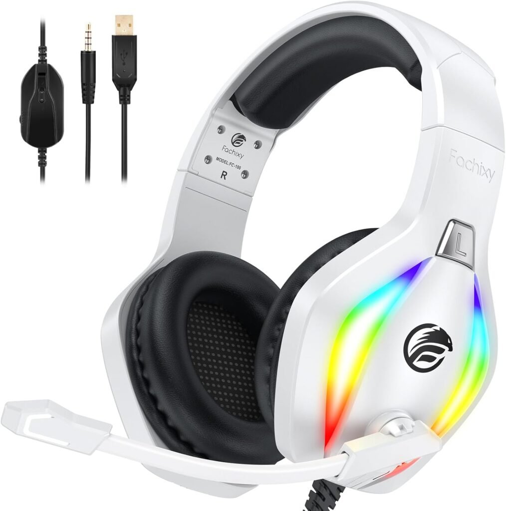 Fachixy「2024 New」FC100 RGB Gaming Headset for PS4/PC/Xbox/Nintendo Switch, PS5 Headset with Mic, Gaming Headphones with Microphone, Noise Cancelling Headphones with 3.5mm Jack Fachixy「2024 New」FC100 RGB Gaming Headset for PS4/PC/Xbox/Nintendo Switch, PS5 Headset with Mic, Gaming Headphones with Microphone, Noise Cancelling Headphones with 3.5mm Jack