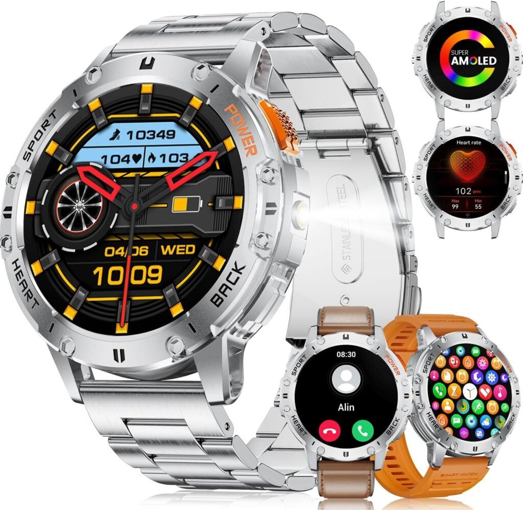 LIGE Military Smart Watch for Men with Flashlight,530mAH Outdoor Sport Fitness Tracker Watch,1.43″ HD Smartwatch for Android iOS with Heart Rate Blood Pressure Monitor Silver 3 Straps LIGE Military Smart Watch for Men with Flashlight,530mAH Outdoor Sport Fitness Tracker Watch,1.43″ HD Smartwatch for Android iOS with Heart Rate Blood Pressure Monitor Silver 3 Straps