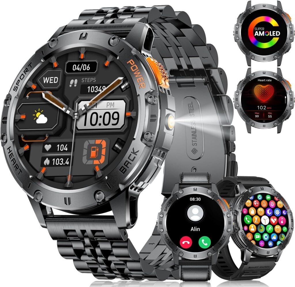 LIGE Military Smart Watch for Men with Flashlight,530mAH Outdoor Sport Fitness Tracker Watch,1.43″ HD Smartwatch for Android iOS with Heart Rate Blood Pressure Monitor Irregular Straps