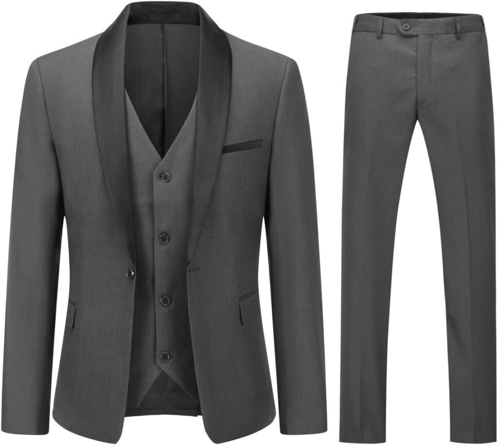 YOUTHUP Mens Suits Slim Fit 3 Piece Suit Shawl Lapel Wedding Dinner Tuxedo 1 Button Blazer Pants Vest