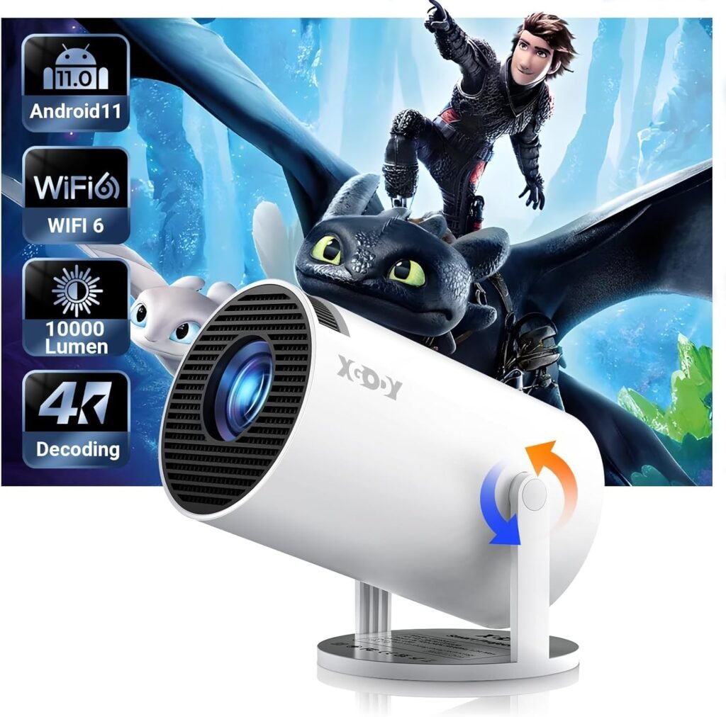 [2025 Upgraded & Android 11.0] Mini Projector 4K 1080P Support, XGODY Gimbal 3 Portable Projector 12000 Lumen, WiFi 6, Bluetooth, Auto Keystone, 180° Rotatable Stand Video Projector for Home Cinema