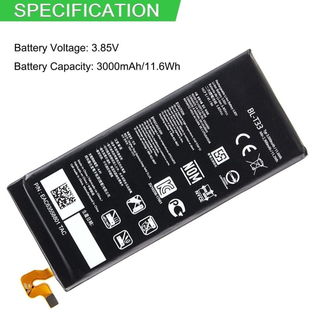 3.85V 11.6Wh 3000mAh BL-T33 Replacement Laptop Battery Compatible for LG Q6 M700A M700AN M700DSK M700N Phone BL-T33 3.85V 11.6Wh 3000mAh BL-T33 Replacement Laptop Battery Compatible for LG Q6 M700A M700AN M700DSK M700N Phone BL-T33