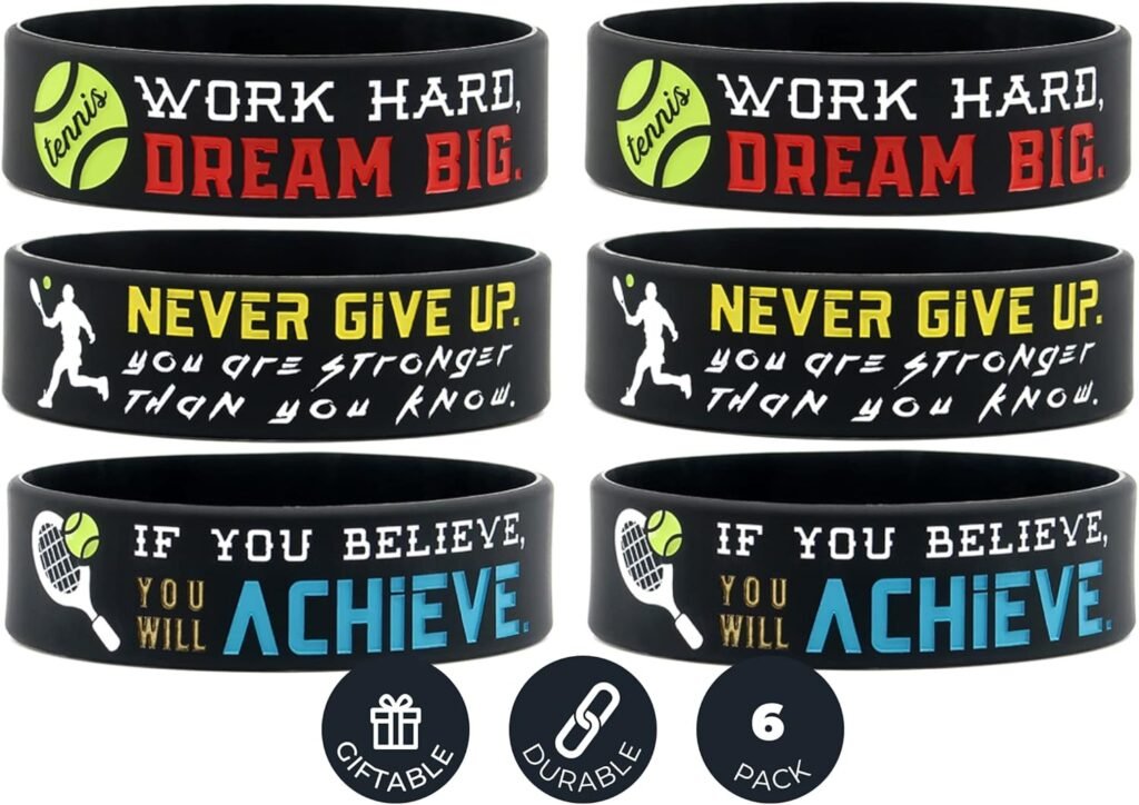 (6-Pack) Motivational Tennis Wristbands with Sports Quotes – Tennis Gifts Jewelry Accessories for Tennis Players Team Awards Party Favors – Unisex for Men Women Youth Teen Girls Boys (6-Pack) Motivational Tennis Wristbands with Sports Quotes – Tennis Gifts Jewelry Accessories for Tennis Players Team Awards Party Favors – Unisex for Men Women Youth Teen Girls Boys