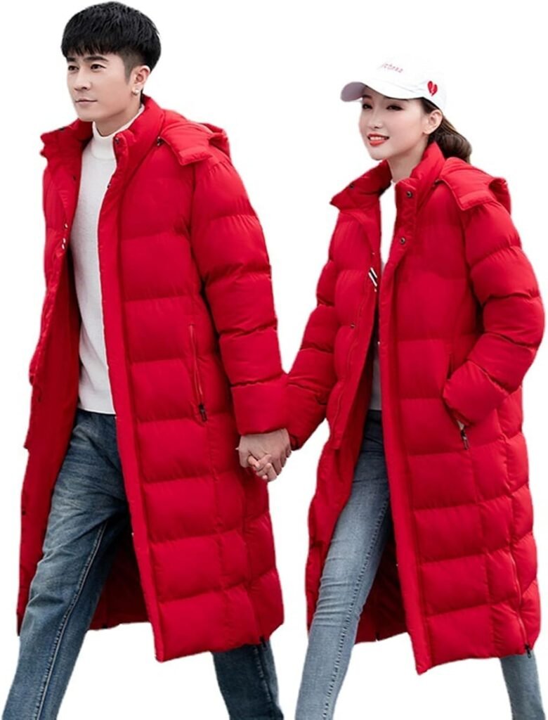 ANUFER Unisex Men’s Women’s Long Puffer Jacket Thermal Cotton Padded Winter Coat with Detachable Hood
