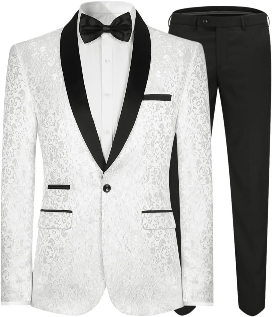 Allthemen Mens 2 Piece Jacquard Suit One Button Tuxedo Slim Fit Shawl Collar Dress Suits Allthemen Mens 2 Piece Jacquard Suit One Button Tuxedo Slim Fit Shawl Collar Dress Suits