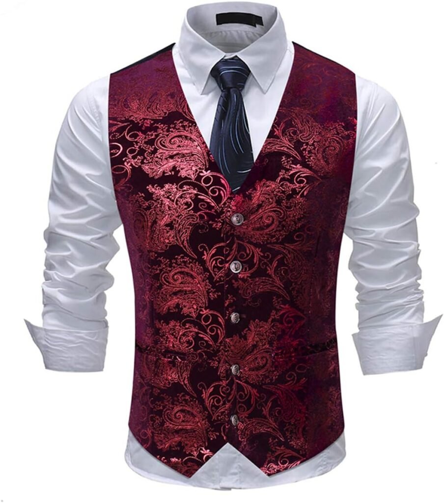Allthemen Mens Paisley Jacquard Suit Waistcoat Single Breasted Vest Dress Vest Slim Fit Button Down Prom Formal Suit Vest Waistcoats