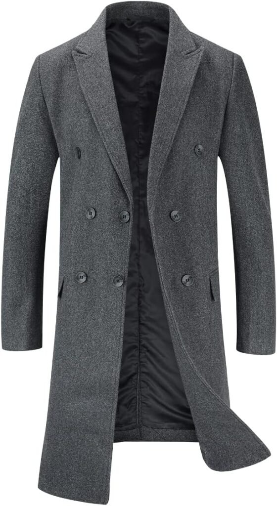 Allthemen Mens Winter Coat Wool Knee Length Coat Mens Winter Coat Slim Fit Long Coat Black Business
