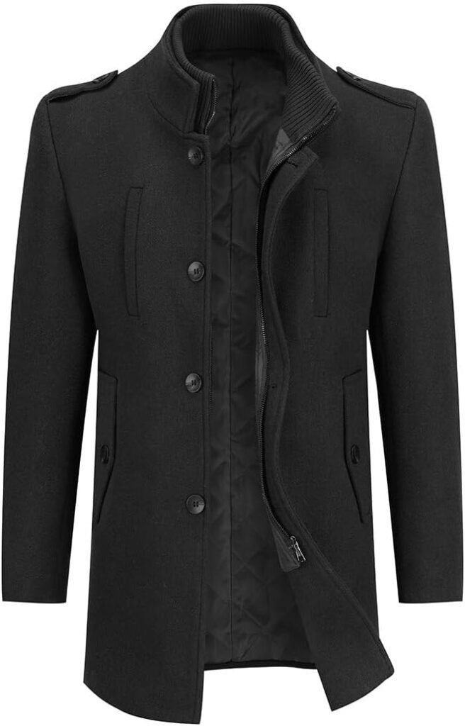 Allthemen Men’s Winter Wool Coat Trench Mid Length Overcoat Jacket Slim Fit Casual Coat