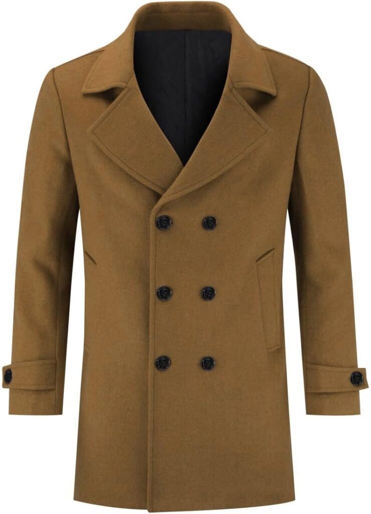 Allthemen Mens Wool Winter Coat Double-Breasted Trench Overcoat Mid Length Warm Coat Regular Fit Casual Coat Jacket