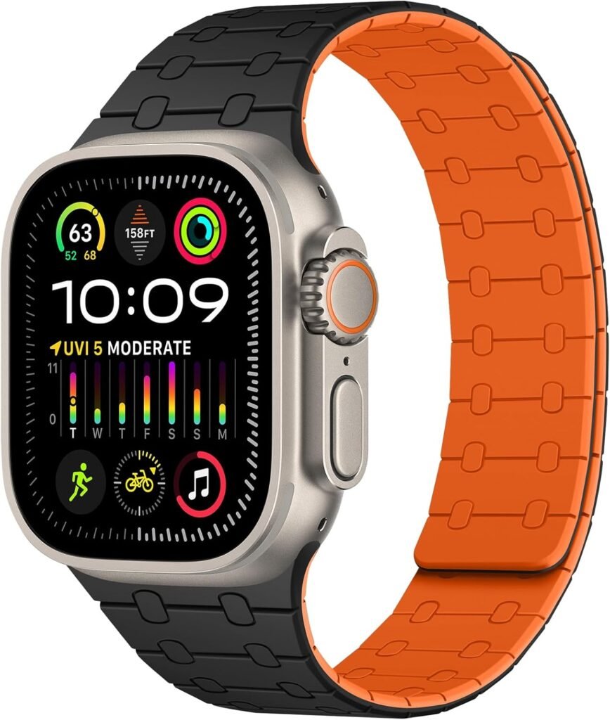 Amizee Magnetic Straps Compatible with Apple Watch Straps 49mm 46mm 45mm 44mm 42mm 41mm 40mm 38mm Women Men, Silicone Strap for iWatch Ultra 2 Series 10 9 8 7 6 SE 5 4 (49/46/45/44/42, Black Orange)