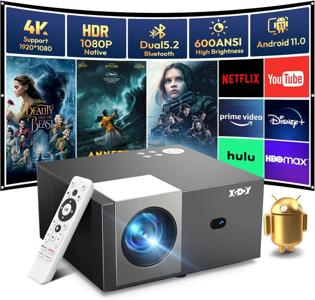 Android 11 & Electric Focus Smart Projector Full HD XGODY Sail2 600ANSI Native 1080P Bluetooth WiFi Projector 4K Support Home Cinema Projector Automatic Vertical Correction Chromecast 7000 APP