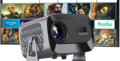 [Android TV&Auto Keystone]Portable Video Projector HD 4K Supported with WiFi 6 and BT 5.2,360° Rotatable Stand Home Theatre Projector for Bedroom/TV Stick/USB/DVD/Game/PPT