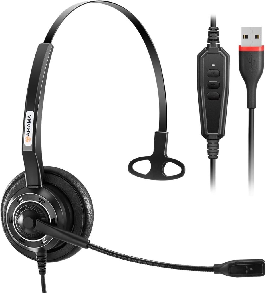 Arama USB Headset with Microphone for Laptop, Wired Headset with Mic Noise Cancelling & In-line Control, USB Headphones for PC Computer Mac Business Call Centre Office Home, Clear Chat, Ultra Comfort