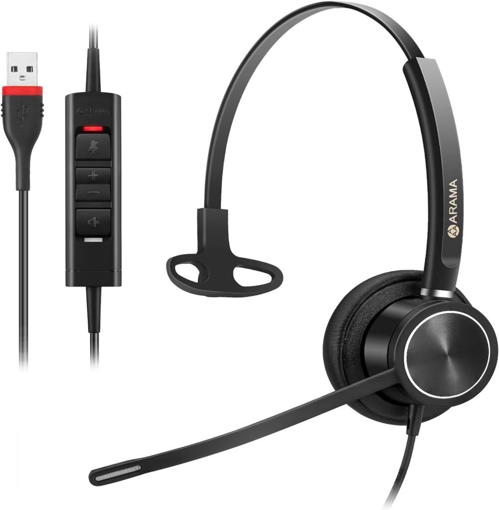 Arama USB Headset with Microphone for PC Laptop, Mono Wired Computer Headphone with Noise Cancelling Mic & In-line Control for Business Home Office Call Center Online Class Skype Zoom Arama USB Headset with Microphone for PC Laptop, Mono Wired Computer Headphone with Noise Cancelling Mic & In-line Control for Business Home Office Call Center Online Class Skype Zoom