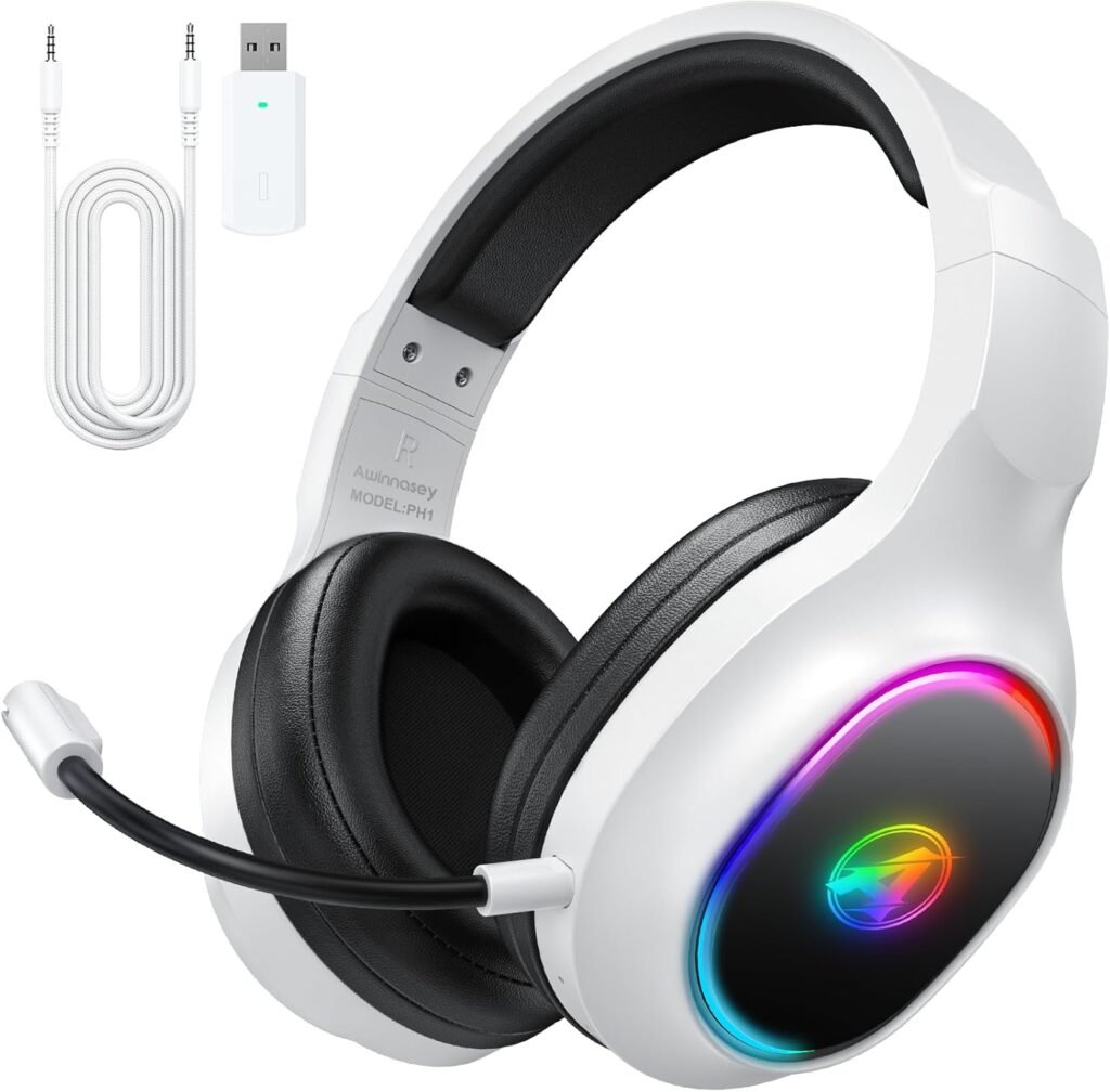 Awinnasey 2.4GHz Wireless Gaming Headset with Wired Mode, 5.4 Bluetooth Wireless Gaming Headphones for PS5, PS4, PC, Switch, Mac, Computer, PS5 Headset for Gaming, with Mic, LED, Low Latency, White Awinnasey 2.4GHz Wireless Gaming Headset with Wired Mode, 5.4 Bluetooth Wireless Gaming Headphones for PS5, PS4, PC, Switch, Mac, Computer, PS5 Headset for Gaming, with Mic, LED, Low Latency, White
