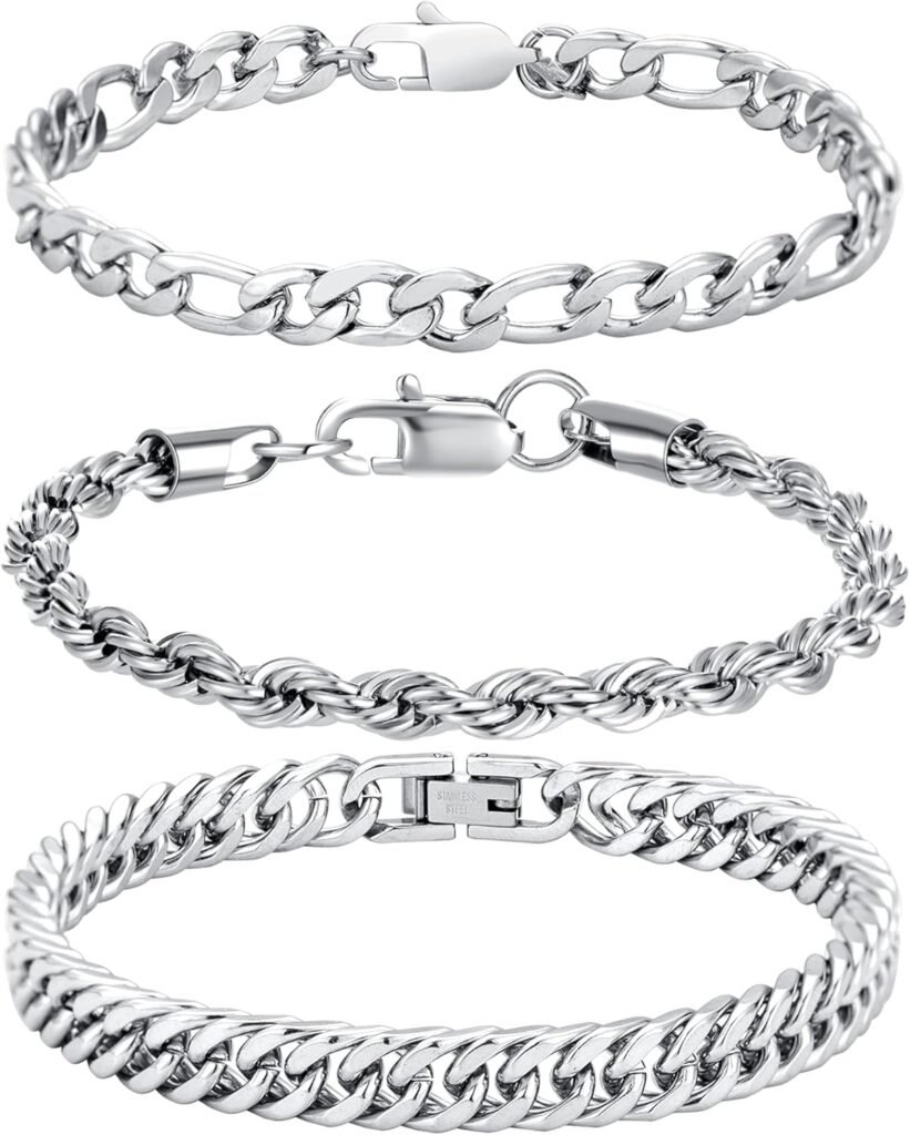 BMMYE 3PCS Mens Silver Bracelets Stainless Steel Bracelet for Men, Cuban Link Chain, Figaro, Rope Chain Bracelet for Men, Mens Bracelets Jewellery Gift for Men 7.5″/8.5″/9.5″