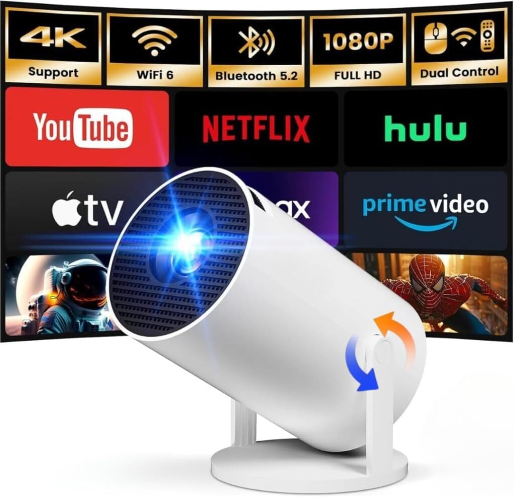 [Built-in Apps] Mini Projector with WIFI 6 and Bluetooth, 4K 1080P Support Portable Projector 180° Rotatable 130” Screen Movie Projector Auto Keystone Compatible for Laptop, PC, Smartphone