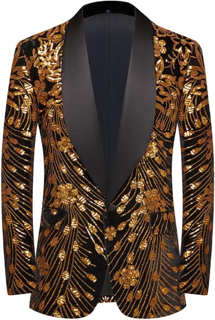 CARFFIV Men’s Sequins Velvet Stage Party Prom Wedding Dinner Symmetry Suit Jacket Blazer