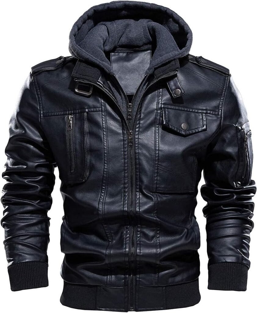 CARWORNIC Men’s Faux Leather Jacket Winter Warm Casual Motorcycle Bomber Leather Coat with Removable Hood