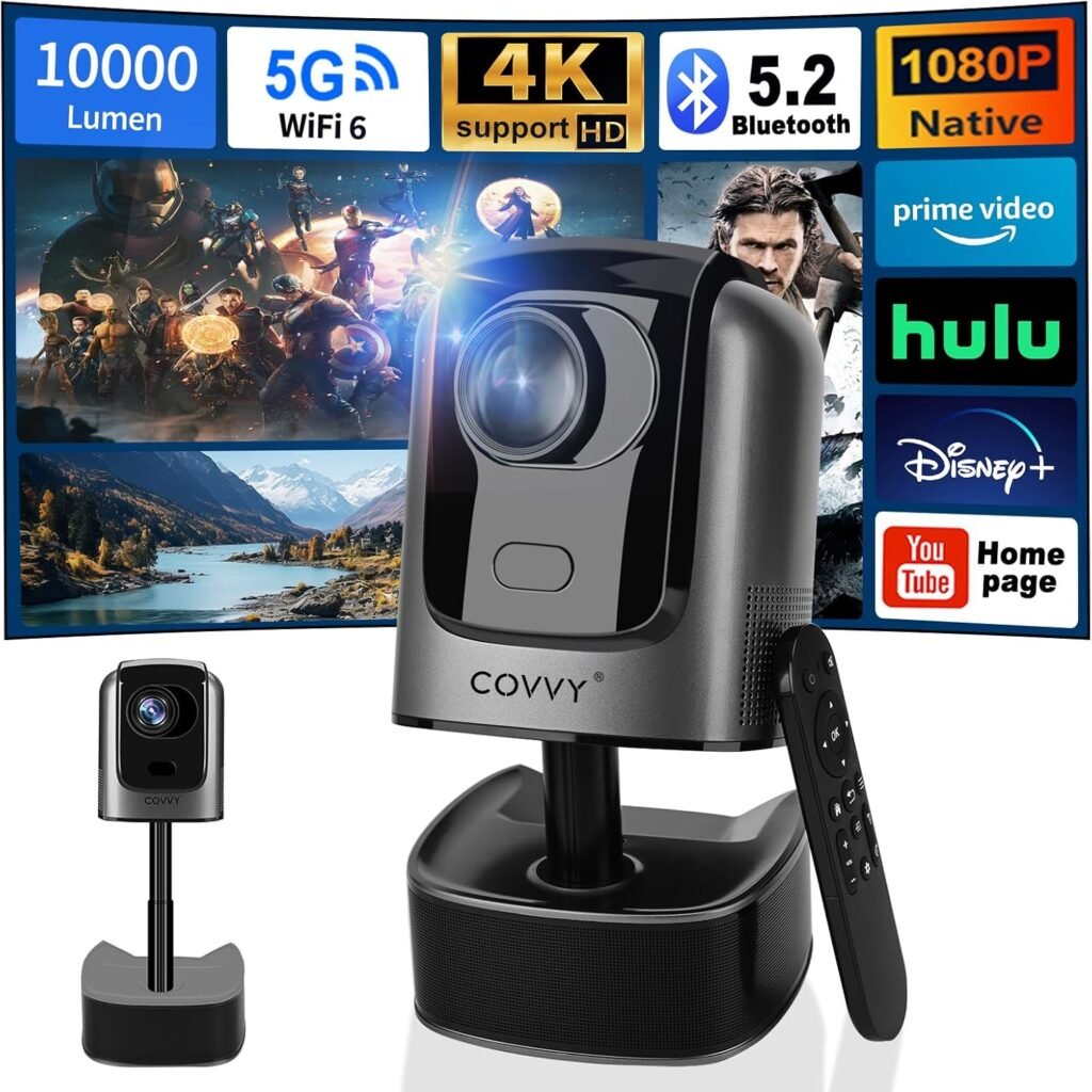 COVVY Retractable Projector with Pan-Tilt, Full HD 1080P Home Theater Video Projectors with WiFi & Bluetooth, Support 4K, Portable Outdoor Home Cinema for Android/Smartphone/Tablet/PC/TV Stick COVVY Retractable Projector with Pan-Tilt, Full HD 1080P Home Theater Video Projectors with WiFi & Bluetooth, Support 4K, Portable Outdoor Home Cinema for Android/Smartphone/Tablet/PC/TV Stick