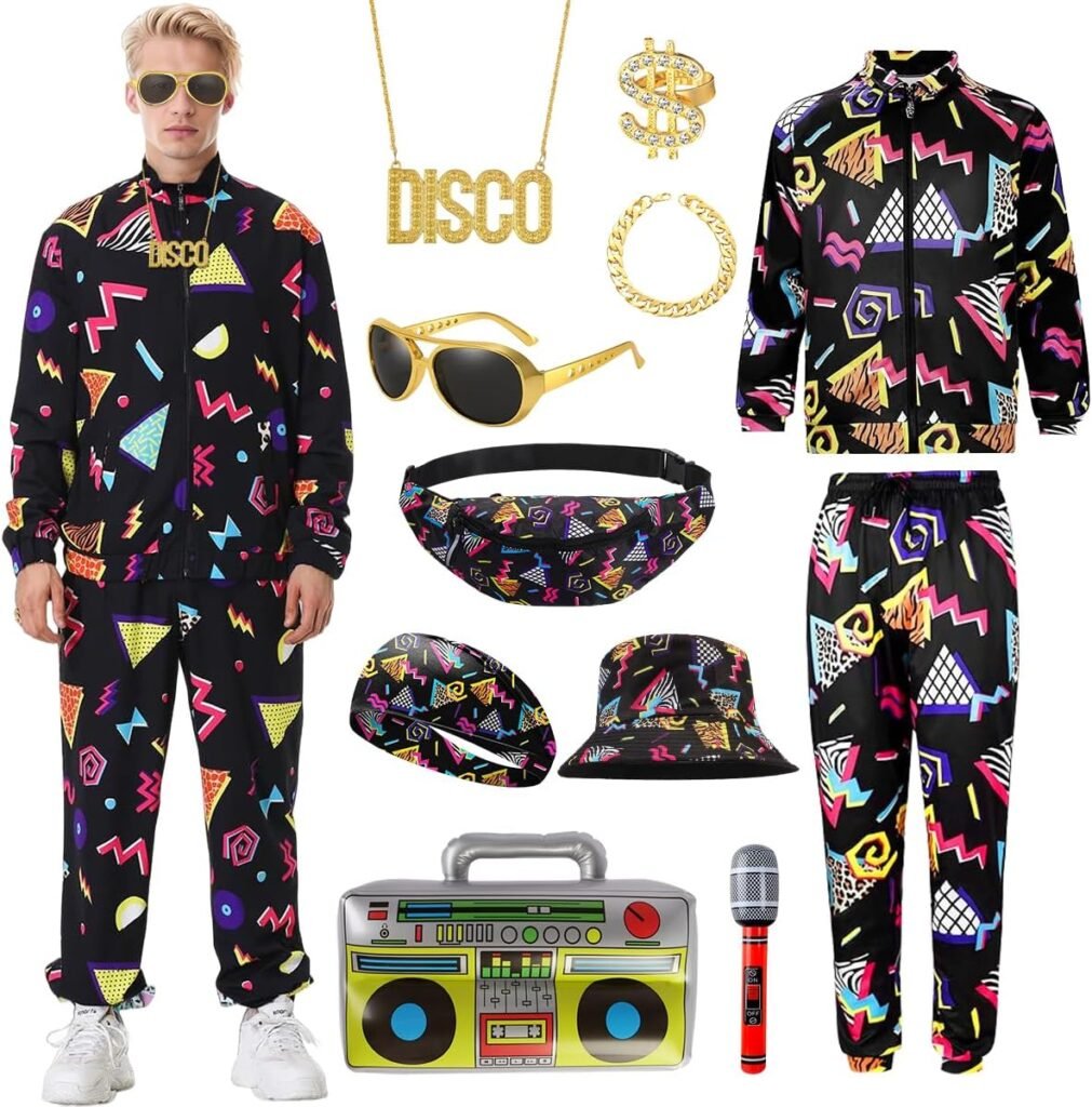 COYBTO 80s Fancy Dress Men, 90s Fancy Dress Costumes with Retro Accessories, 80s Fanny Pack Headband Inflatable Radio, Men Tracksuit Fancy Dress, 80s Men Shell Suits for Carnival Party Dress Up