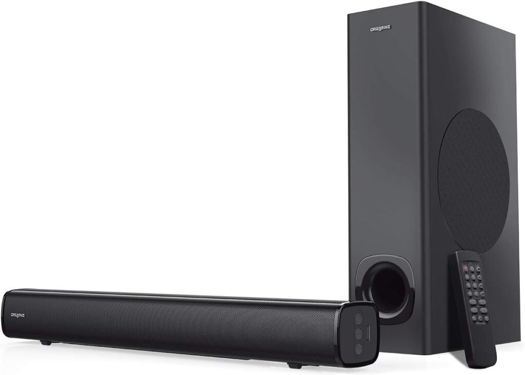 CREATIVE Stage 2.1 Channel Under-monitor Soundbar with Subwoofer for TV, Computers, and Ultrawide Monitors, Bluetooth/Optical Input/TV ARC/AUX-in, Remote Control and Wall Mounting Kit