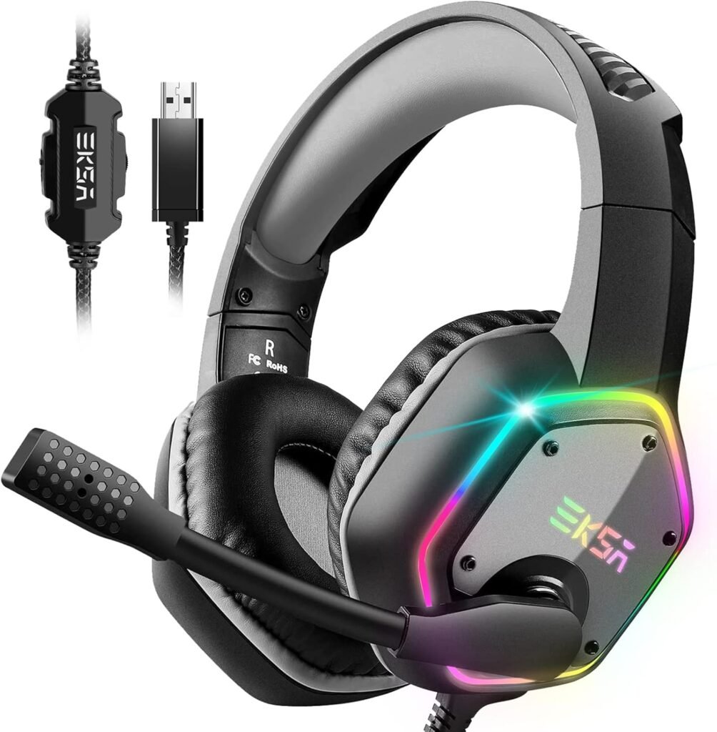 EKSA E1000 USB Gaming Headset for PC – Computer Headphones with Microphone/Mic Noise Cancelling, 7.1 Surround Sound Wired Headset & RGB Light – Gaming Headphones for PS4/PS5 Console Laptop (Gray) EKSA E1000 USB Gaming Headset for PC – Computer Headphones with Microphone/Mic Noise Cancelling, 7.1 Surround Sound Wired Headset & RGB Light – Gaming Headphones for PS4/PS5 Console Laptop (Gray)