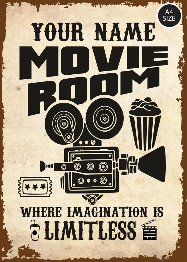 ELITEPRINT Personalised Home Cinema Movie Room Customized Classic Sign Decor Metal Plaque – Wall Art Decorations (A4 (29.7cm x 21cm))