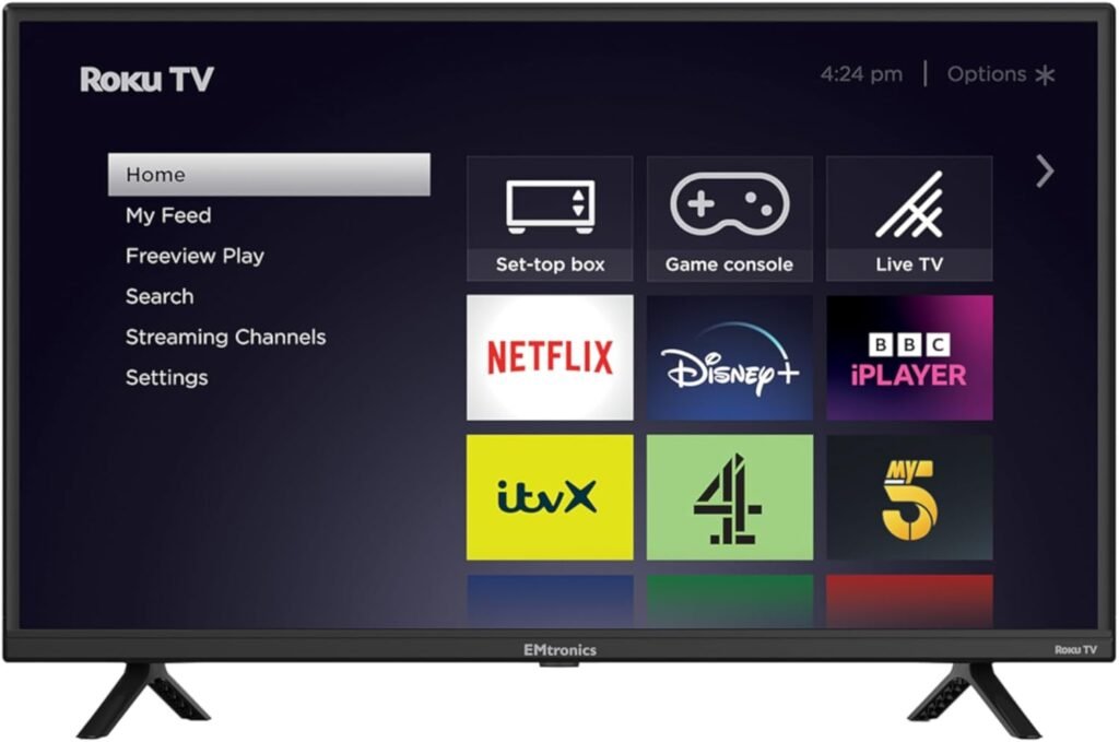 EMtronics EM32ROK Roku TV 32″ Inch HD Ready 720p Smart with Netflix, Disney+, BBC, Freeview Play, Dolby Audio, Mobile Control and 3 x HDMI, USB – Black (2024 Model) EMtronics EM32ROK Roku TV 32″ Inch HD Ready 720p Smart with Netflix, Disney+, BBC, Freeview Play, Dolby Audio, Mobile Control and 3 x HDMI, USB – Black (2024 Model)
