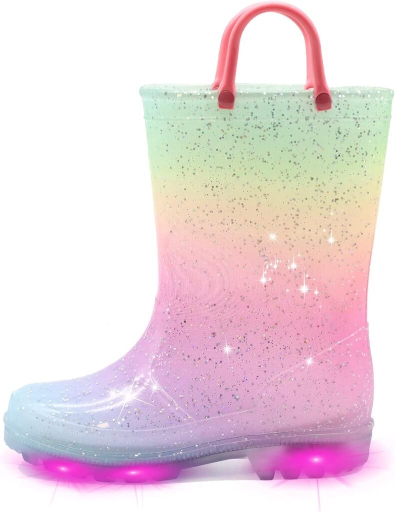EUXTERPA Girls Boys Wellies for Kids Flashing Welly, Light Up Glitter Waterproof Wellingtons Boots with Easy on Handle Children Rainboots Size 4-13 UK Child