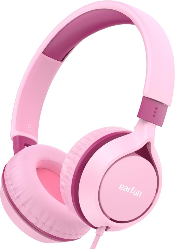 EarFun Kids Headphones, Foldable On-ear Headphones for Kids, 85dB Volume Limiter, Sturdy Design, Stereo Sound, Super Light, Adjustable Headband, Wired Children Headphone for School/Travel/Phone, Pink