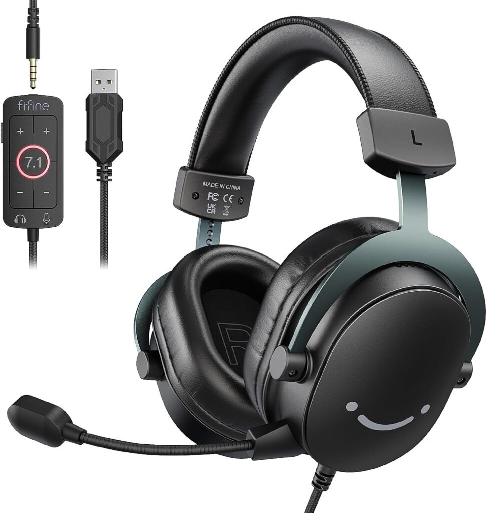FIFINE Gaming USB Headset with 3.5mm Audio Jack, PC Over-Ear Headset with 7.1 Surround Sound, Detachable Microphone, Volume Control, Wired Headphones Black for PS5/PS4/Switch/XBOX controller H9