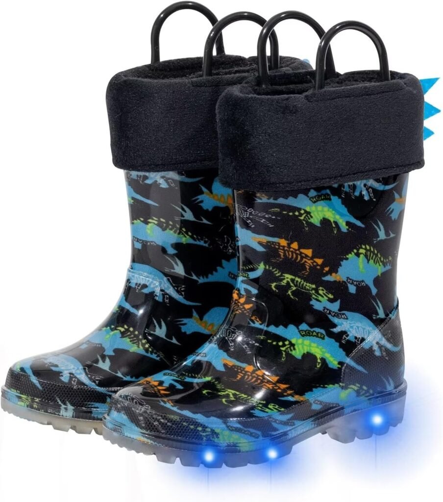 FUNCOO PLUS Wellies for Kids with Removed Warm Lining Carry Handle Wellington Boots Children Wellies Outdoor Light Up Rainy Snow Toddler Shoes