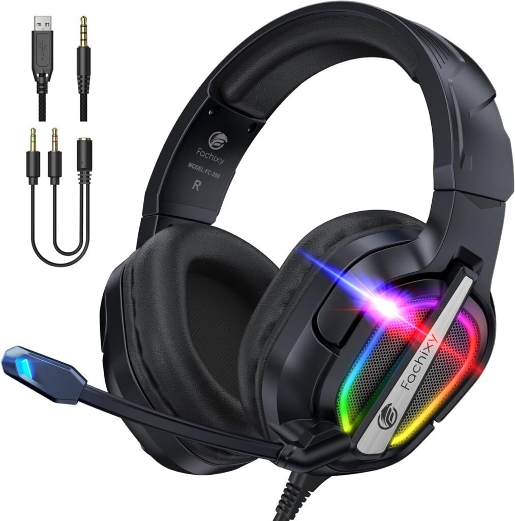 Fachixy「2024 New」FC-200 Foldable Gaming Headset for PS4/PC/Xbox/Nintendo Switch, PS5 Headset with ENC Mic, 3.5mm Gaming Headphones with RGB Light Fachixy「2024 New」FC-200 Foldable Gaming Headset for PS4/PC/Xbox/Nintendo Switch, PS5 Headset with ENC Mic, 3.5mm Gaming Headphones with RGB Light