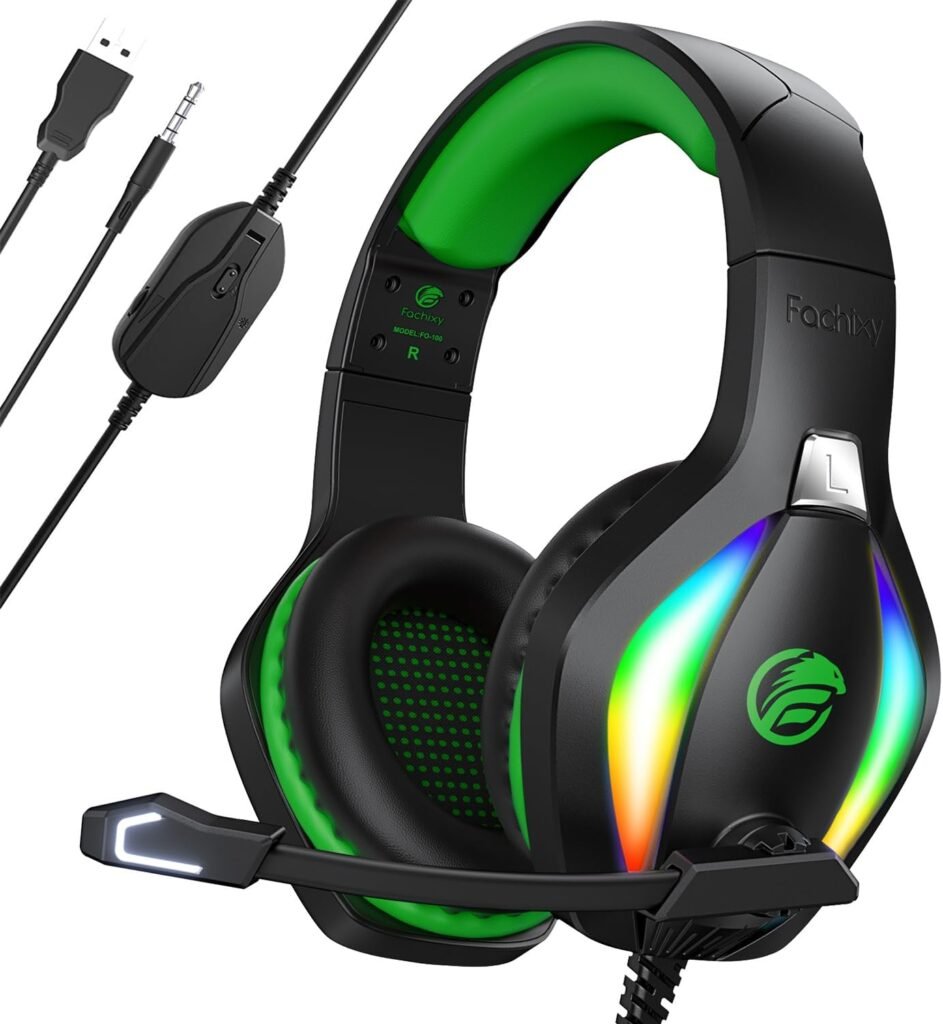 Fachixy「2024 New」FC100 RGB Gaming Headset for PS4/PC/Xbox/Nintendo Switch, PS5 Headset with Mic, Gaming Headphones with Microphone, Noise Cancelling Headphones with 3.5mm Jack Fachixy「2024 New」FC100 RGB Gaming Headset for PS4/PC/Xbox/Nintendo Switch, PS5 Headset with Mic, Gaming Headphones with Microphone, Noise Cancelling Headphones with 3.5mm Jack