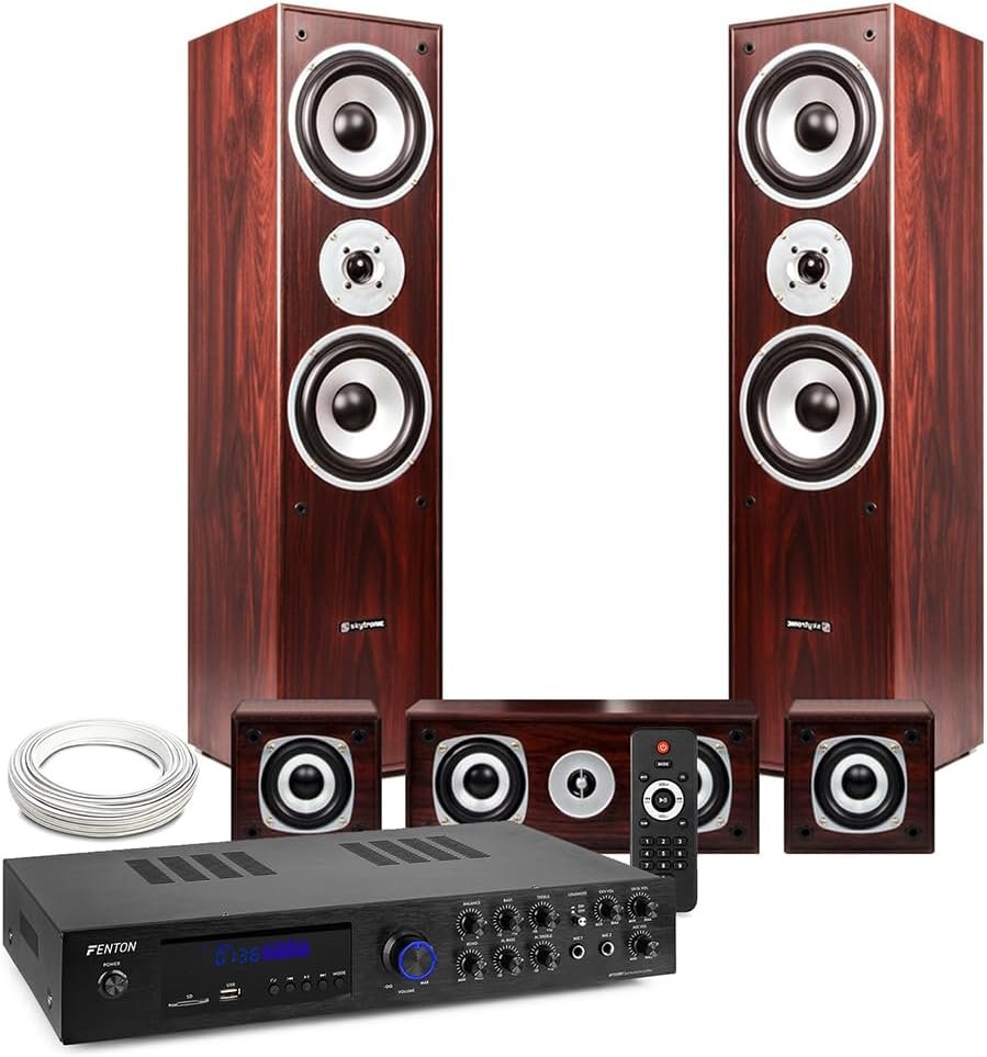 Fenton HF5W Walnut 5.0 Surround Sound System with AV550BT Amp, Bluetooth, USB/SD Media Player – Home Cinema Sound System for Movies, Home Theatre System Fenton HF5W Walnut 5.0 Surround Sound System with AV550BT Amp, Bluetooth, USB/SD Media Player – Home Cinema Sound System for Movies, Home Theatre System