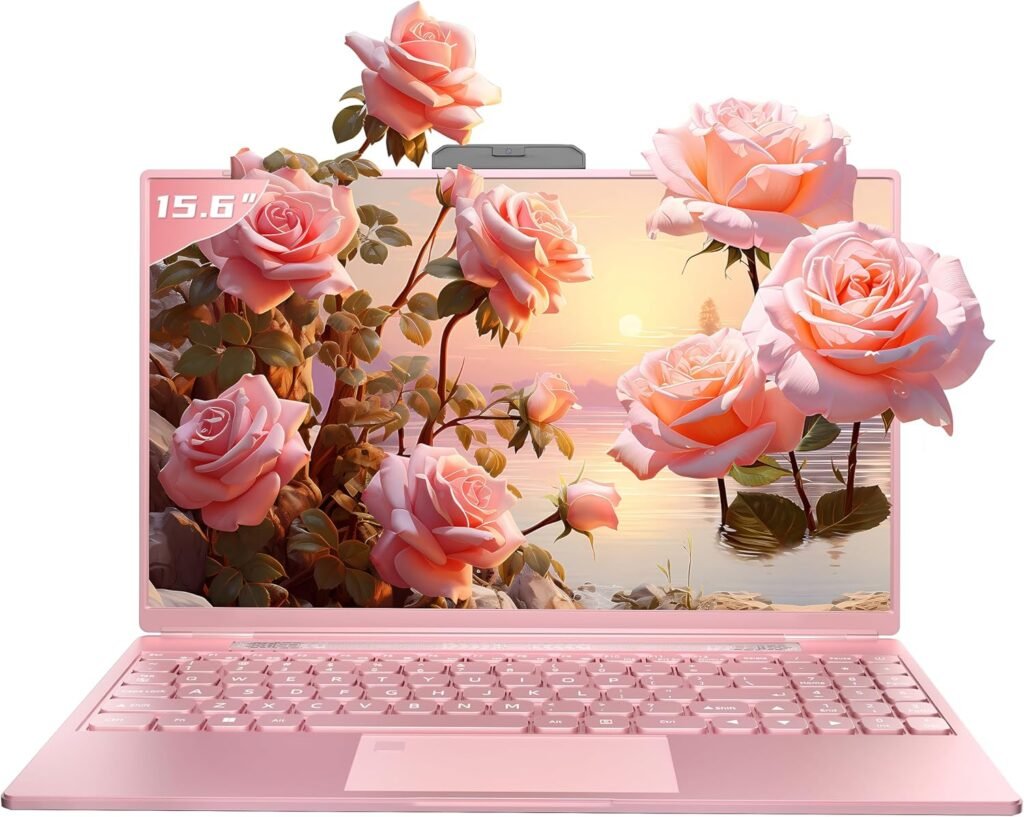 Fsjun 15.6” pink Laptop, 12th Gen Alder Lake N95 CPU(Up to 3.4GHz), 16GB DDR4 RAM, 1TB SSD, Win 11 Pro, Office 2019, FHD IPS Screen, Dual Band WiFi, with Removable Webcam (Pink, 16G+1TB)