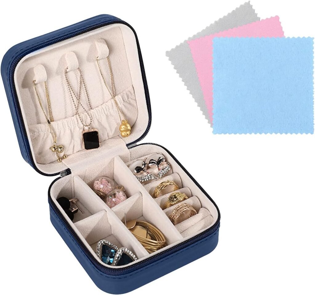 FuninCrea Jewellery Box Organiser for Women, Mini PU Leather Travel Jewelry Storage Case with 3pcs Silver Cloth for Rings Earrings Necklace, Portable Jewelry Case for Girl, Wife, Mother (PU blue)