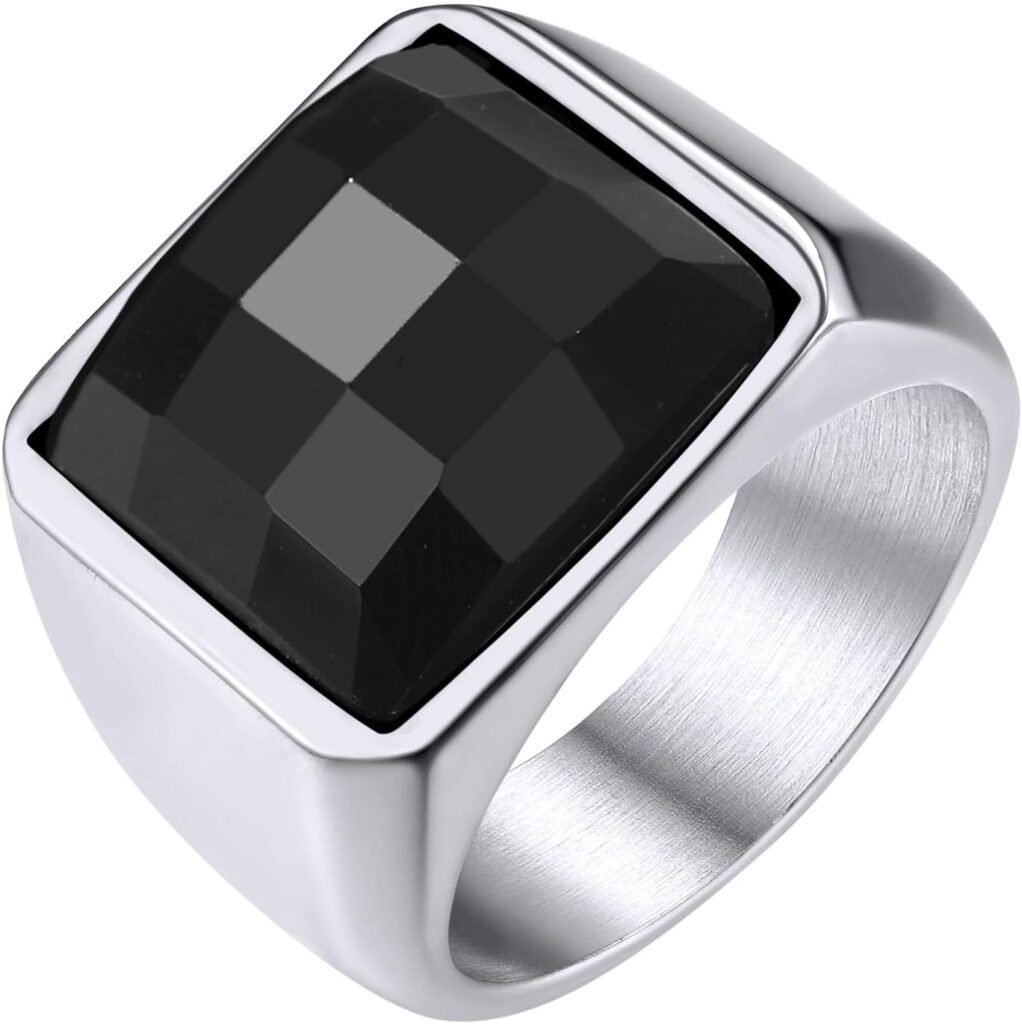 GOLDCHIC JEWELRY Men’s Square Gemstone Singet Rings, Personalized Stainless Steel Pinky Ring with Black Onxy Blue Topaz Birthstone Statement Ring