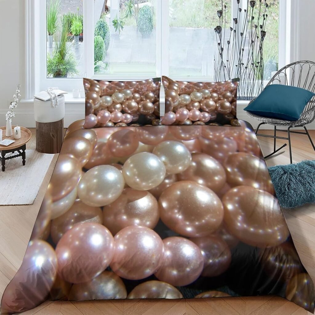 GOOSMI Pearls Duvet Cover Set 3D Printed Bedding Set for Boys Youth Teens Soft Microfiber Jewellery Quilt Cover with Zipper Closure Comforter Cover with Pillowcase King（220x240cm）