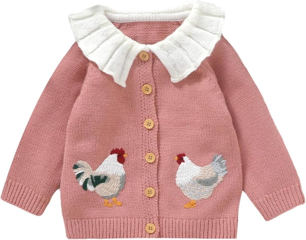 Geagodelia Baby Girl Knit Cardigan Doll Collar Knitted Crochet Button Tops Fall Winter Warm Sweater Coat Chicken Embroidery Clothes Geagodelia Baby Girl Knit Cardigan Doll Collar Knitted Crochet Button Tops Fall Winter Warm Sweater Coat Chicken Embroidery Clothes