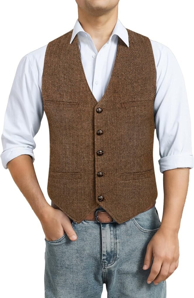 HISDERN Men’s Herringbone Tweed Waistcoats/Suit Vest for Formal & Informal Occasions Wool Fabric, V Neck, One Size, Hip Length, Brown HISDERN Men’s Herringbone Tweed Waistcoats/Suit Vest for Formal & Informal Occasions Wool Fabric, V Neck, One Size, Hip Length, Brown