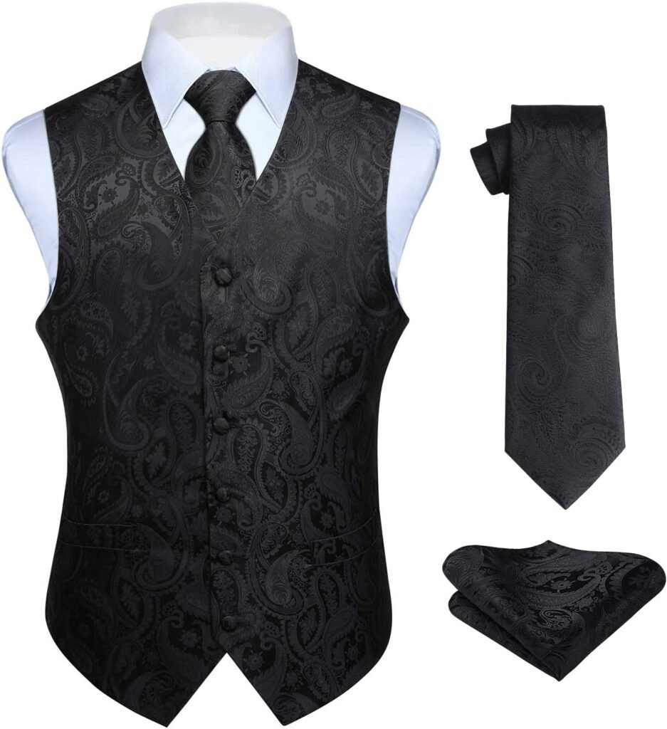 HISDERN Men’s Paisley Waistcoat Floral Jacquard Necktie Pocket Square Handkerchief Wedding Party Business Fit Vest Suit Set XS-6XL