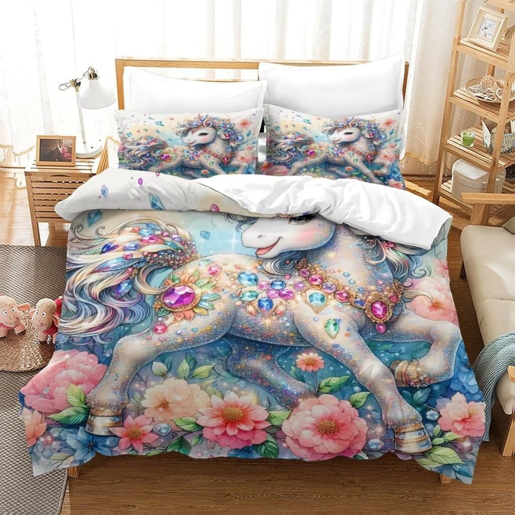 HKHKSJJF Jewellery Bedding Set for Girls Boys Teens 3 Pieces Comforter Cover Duvet Cover 3D Horse Bedspread Cover King 220x240cm