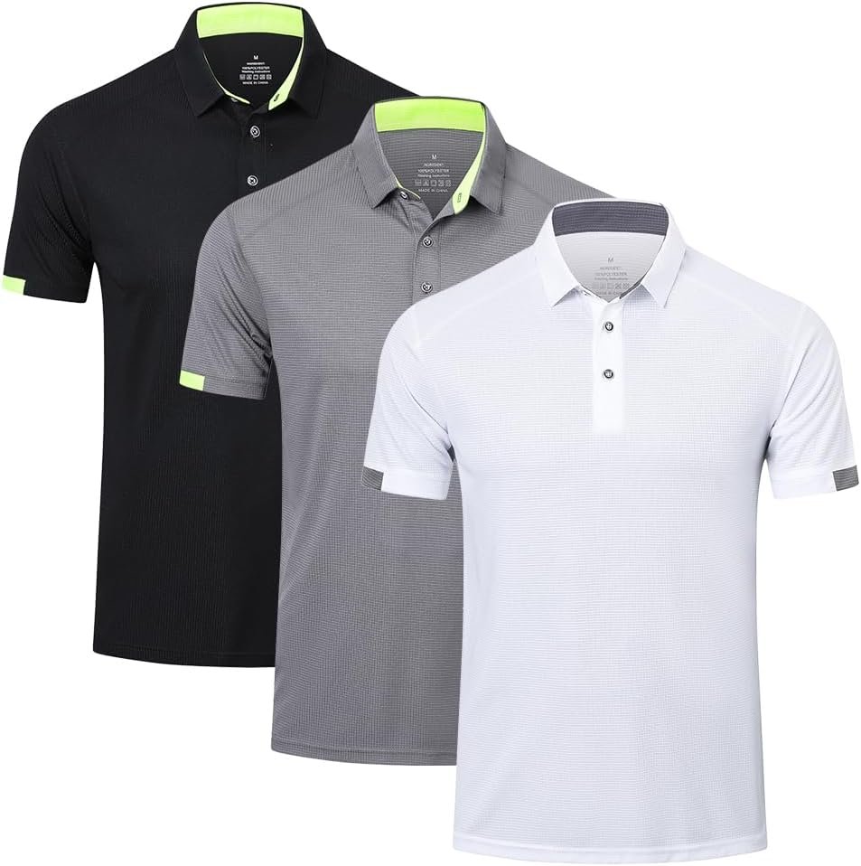 HUAKANG 3 Pack Mens Polo Shirts Short Sleeve Breathable Quick Dry Golf Polo Shirts Mens Running Sports Tee Top Gym Workout Polo T Shirts